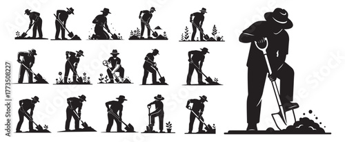 Extensive gardening silhouette collection multiple men digging, planting, and working with shovels in various garden scenes