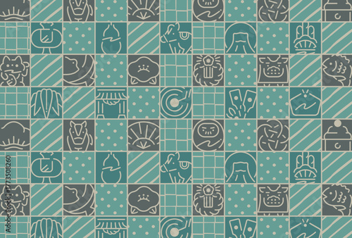 青・水色の馬や縁起物デザインが美しい2026年お正月年賀状カード背景