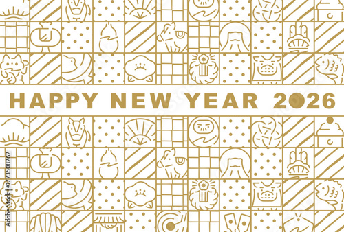 2026午年のお正月年賀状デザイン:日本のおしゃれ背景:馬や縁起物イラストのカード