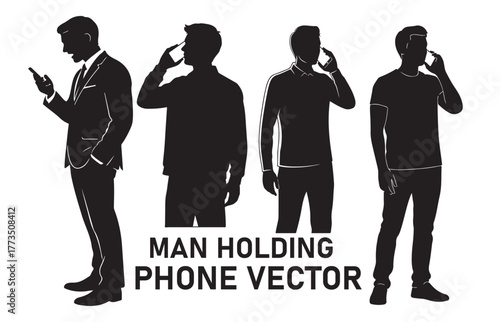Silhouette four men holding and using mobile phones