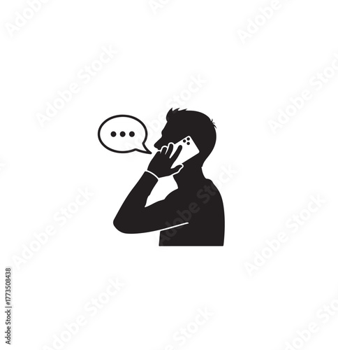 Silhouette man talking on smartphone with speech bubble indicating conversation