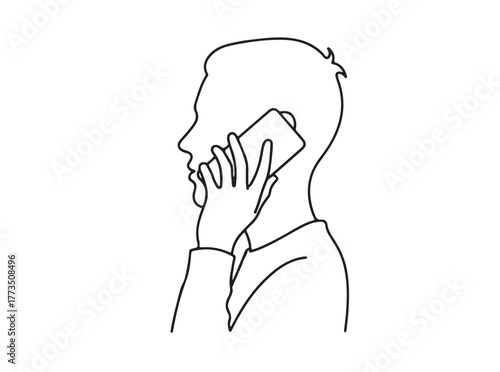 Closeup line mans head and hand holding mobile phone to his ear