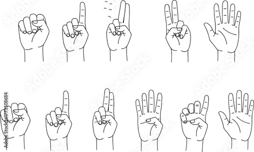 Hand counting gesture icon set, finger numbers illustration, educational counting signs, math learning symbols, finger counting, preschool numeracy graphics