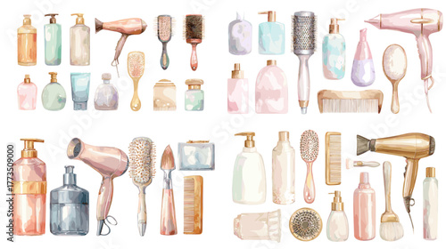 Watercolor illustration set of hair care tools including brushes, hairdryers, bottles, and combs. Ideal for beauty salon, cosmetics, and personal care themes.