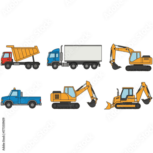 Heavy Construction Vehicle Vector Set: Excavator, Dump Truck, Wheel Loader, and Backhoe Loader Illustrations for Building, Mining, Earthmoving, and Engineering Projects