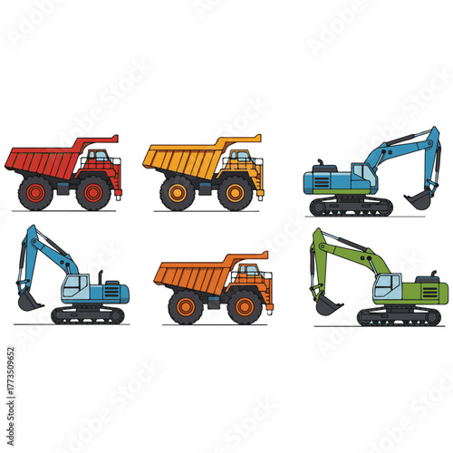 Heavy Construction Vehicle Vector Set: Excavator, Dump Truck, Wheel Loader, and Backhoe Loader Illustrations for Building, Mining, Earthmoving, and Engineering Projects