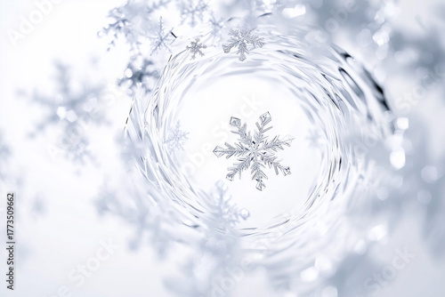 Delicate snowflakes swirl together to create a mesmerizing vortex against a clean white background. Their intricate patterns and shapes enhance the beauty of winter, capturing the essence of cold weat