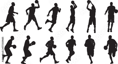 Basketball player silhouettes, dynamic poses, dribbling, shooting, passing, black vector illustration, athletic motion, sports action, isolated on white background, team play