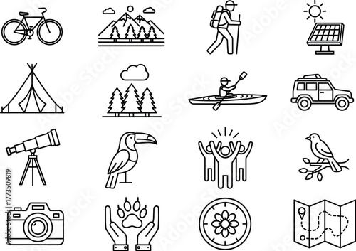 Outdoor adventure and nature icons, hiking, camping, kayaking, wildlife, eco travel, forest exploration, mountain tourism, solar energy, travel symbols, map navigation