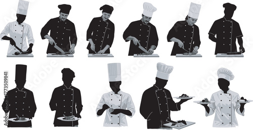 Chef silhouettes cooking, chopping, garnishing, serving food, black vector illustration, kitchen activity, culinary poses, restaurant scene, isolated on white background, gourmet art