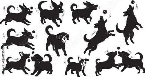 Dog silhouettes playing, jumping, running, black vector illustration, pet activity, joyful motion, canine poses, ball interaction, isolated on white background, energetic dogsDog silhouettes playing, 