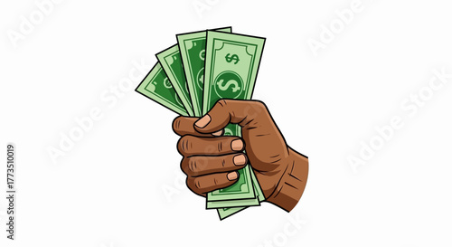 Illustration of a hand holding dollar bills against a white background