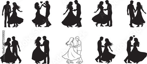 Silhouettes of dancing couples, romantic poses, swing dance, expressive movement, black figures, love theme, artistic illustration, isolated on white background, vector set