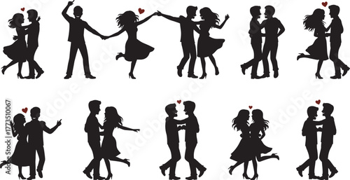 Silhouettes of dancing couples, romantic poses, swing dance, expressive movement, black figures, love theme, artistic illustration, isolated on white background, vector set