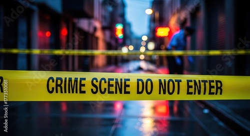 Yellow crime scene do not enter tape blocking city street at night