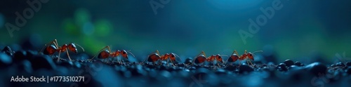 Myriad ants scurry across moonlit soil, bathed in soft blue light , texture, tone