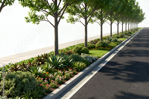 3D render of a road greening asset on a white background, featuring uniform street trees, diverse colorful shrubs in the median, a sidewalk, and an asphalt road.