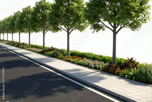 3D render of a road greening asset on a white background, featuring uniform street trees, diverse colorful shrubs in the median, a sidewalk, and an asphalt road.