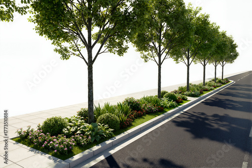 3D render of a road greening asset on a white background, featuring uniform street trees, diverse colorful shrubs in the median, a sidewalk, and an asphalt road.