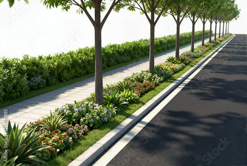 3D render of a road greening asset on a white background, featuring uniform street trees, diverse colorful shrubs in the median, a sidewalk, and an asphalt road.