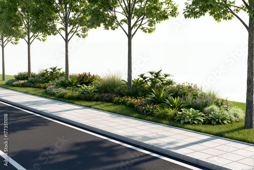 3D render of a road greening asset on a white background, featuring uniform street trees, diverse colorful shrubs in the median, a sidewalk, and an asphalt road.