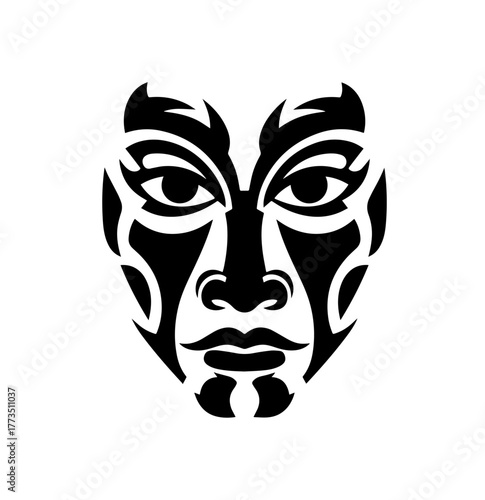 A striking, symmetrical vector illustration of a tribal mask, characterized by its bold black graphic shapes and an intense, modern gaze