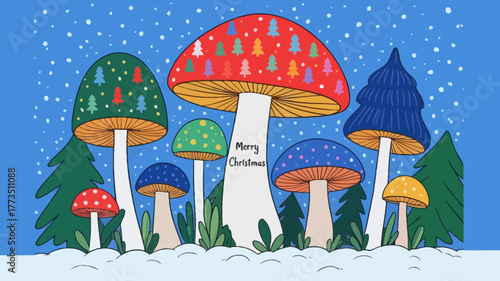 Whimsical christmas scene with a cluster of colorful festive mushrooms and evergreen trees in a snowy landscape