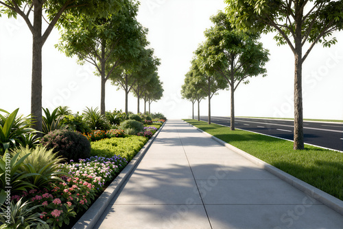 3D render of a road greening asset on a white background, featuring uniform street trees, diverse colorful shrubs in the median, a sidewalk, and an asphalt road.