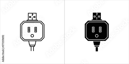 Outline and solid black icons of a usb plug and an electrical outlet