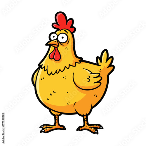 Humorous cartoon chicken character with a cheerful expression, standing on a white background