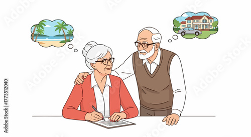 An elderly man and woman planning travel on a document with dreamy thoughts of a beach and house.