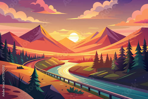 Serene Mountain Valley Landscape with Winding River and Road at Sunset