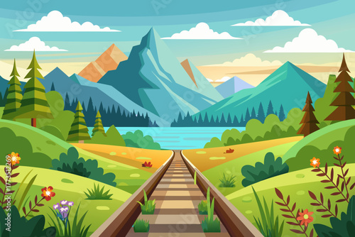 Train tracks leading to a mountain lake with evergreen trees and flowers