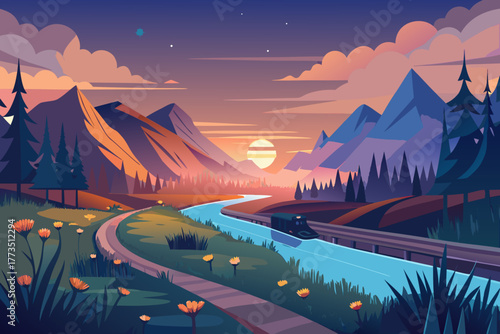 Train traveling through a mountain landscape at dusk with flowers