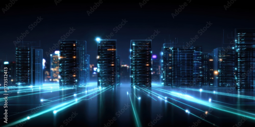 Fototapeta premium Futuristic landscape depicting network evolution, ethernet streams connecting datacenter towers, segmented light flows breaking through the firewall to reach the future