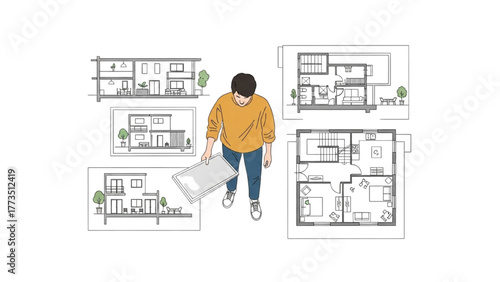 Professional architect examining detailed home floor plans and elevations, visualizing modern residential building concepts and construction designs
