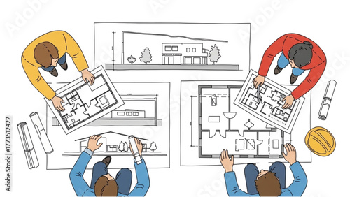 Architectural professionals collaborating on building designs, meticulously reviewing blueprints and construction plans for new projects