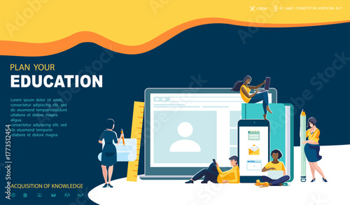 Education planning landing page template. Time management, teamwork, students, people Coworking. Digital marketing, SMM, SEO. Remote work, web banner design. Exam preparation. Vector flat illustration