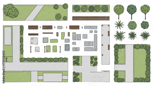 Top-down view of landscape design elements for outdoor spaces
