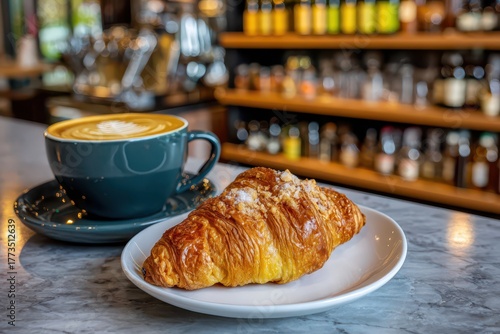 Latte with artistic foam and a sweet croissant on a cafe marble counter.