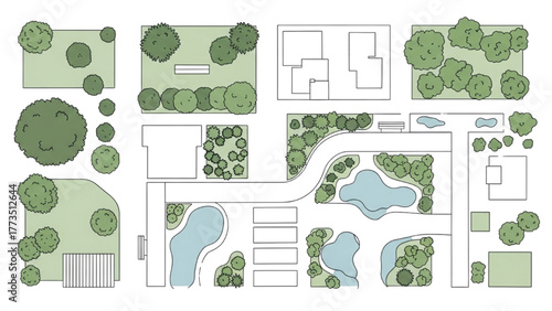 Vector collection of landscape design elements. Top down view of garden plan symbols with trees and pools