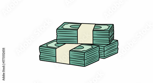 Stacks of green bills tied with a beige band on a white background