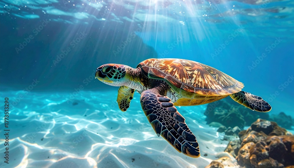 Fototapeta premium A serene shot of a sea turtle gracefully swimming through a sunlit underwater environment