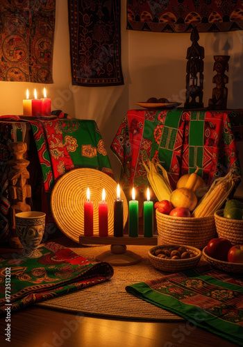 Kwanzaa celebration with candles kinara fruit and gifts creating festive ambiance