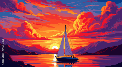 Vibrant Sunset Sail A Digital Painting of a Boat Navigating the Calm Waters as the Sun Sets