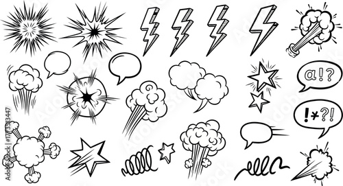 Dynamic Comic Book Elements Collection Bursting with Energy Action and Speech Bubbles for Storytelling