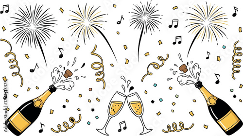 Festive Celebration Illustration Featuring Popping Champagne Bottles Sparkling Fireworks and Clinking Glasses with Confetti