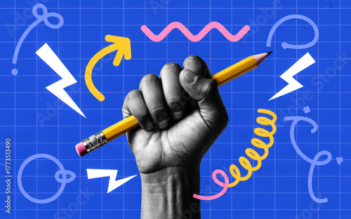 Hand gripping yellow pencil with colorful graphic elements on blue grid background Abstract