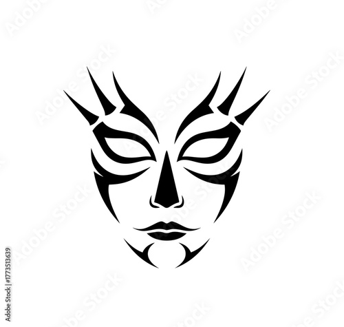 A sharp, symmetrical black and white vector illustration of a fantasy or alien face mask in a bold, ornamental tribal tattoo style