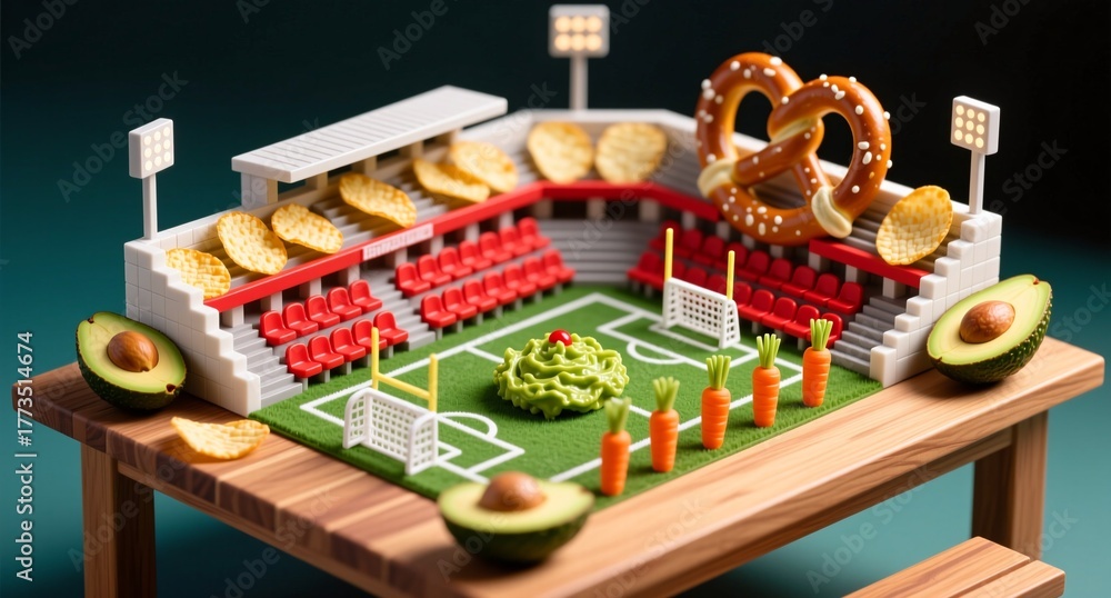 Fototapeta premium Whimsical snack stadium with pretzels, chips, guacamole, and vegetables
